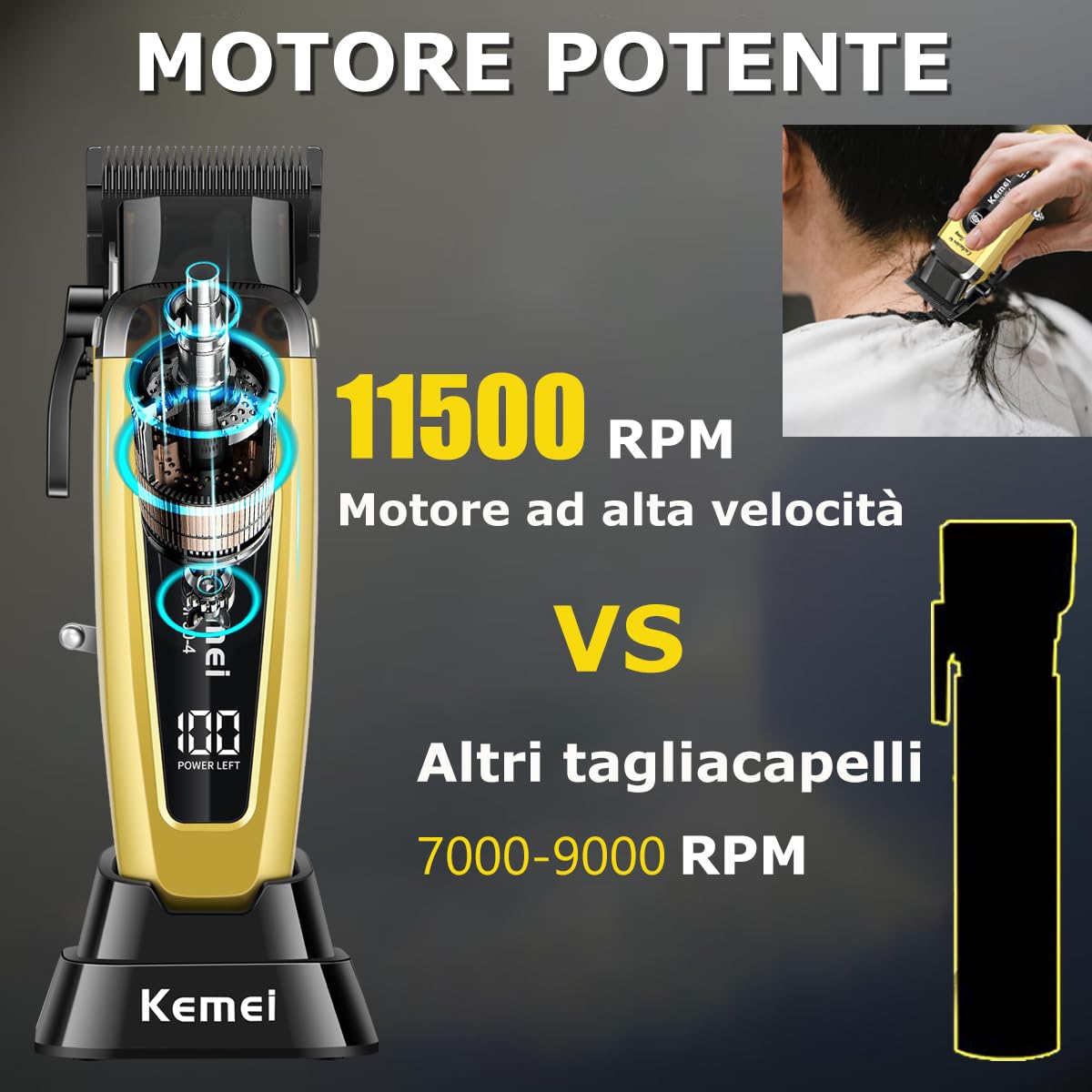 KEMEI 90-4 - Tagliacapelli professionale da uomo, 11500 giri/min, con display LED, tagliacapelli senza fili con lama DLC e base di ricarica, tagliacapelli da 2000 mAh per barbieri