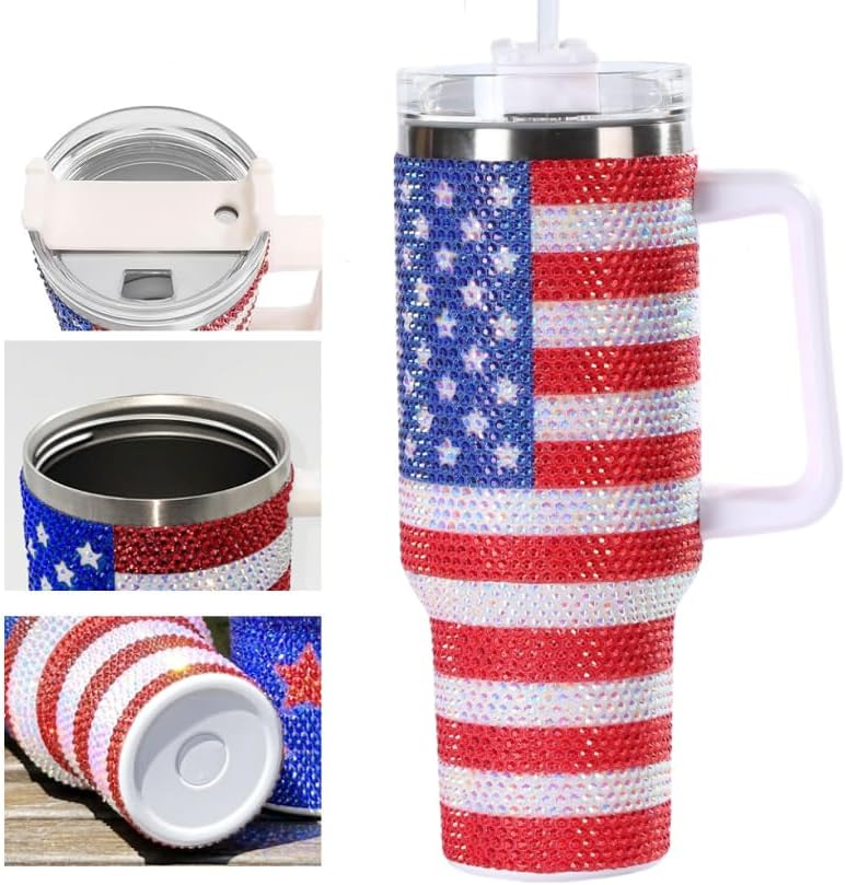 40 Oz Water Bottle for Stainless Steel Tumbler with Handle, Travel Mug - USA Flag Double Insulated Coffee Travel Mug - Full Bling - Image 3