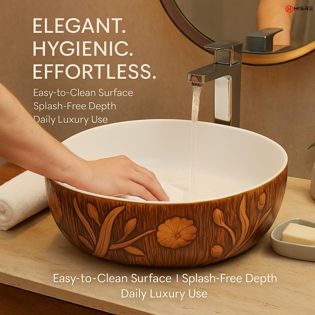 HISRE Wash Basin | Matt Marble Luxurious Table Top Bathroom Sink OVEL (16.5 x 16.5 x 5.5 INCH) (Design - 2), photo 5 of 5