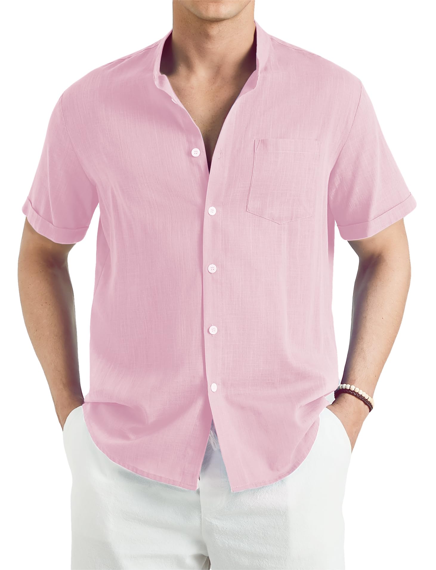 Enlision Camisa de Lino Manga Corta Camisa para Hombre Informales Sin Cuello Verano Henley Camisas Coton de Color Sólido con Botónes Bolsillo Playa Boda S-4XL