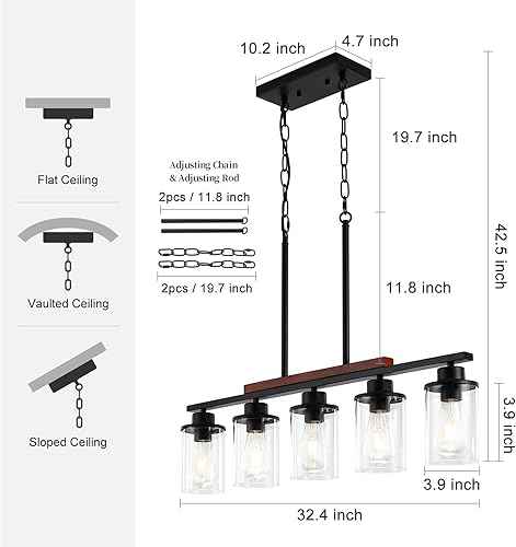 Miniatura 3 de Kitchen Island Lighting - Lámparas de comedor de 5 luces sobre mesa, candelabros negros de granja para comedor con pantalla de vidrio transparente y