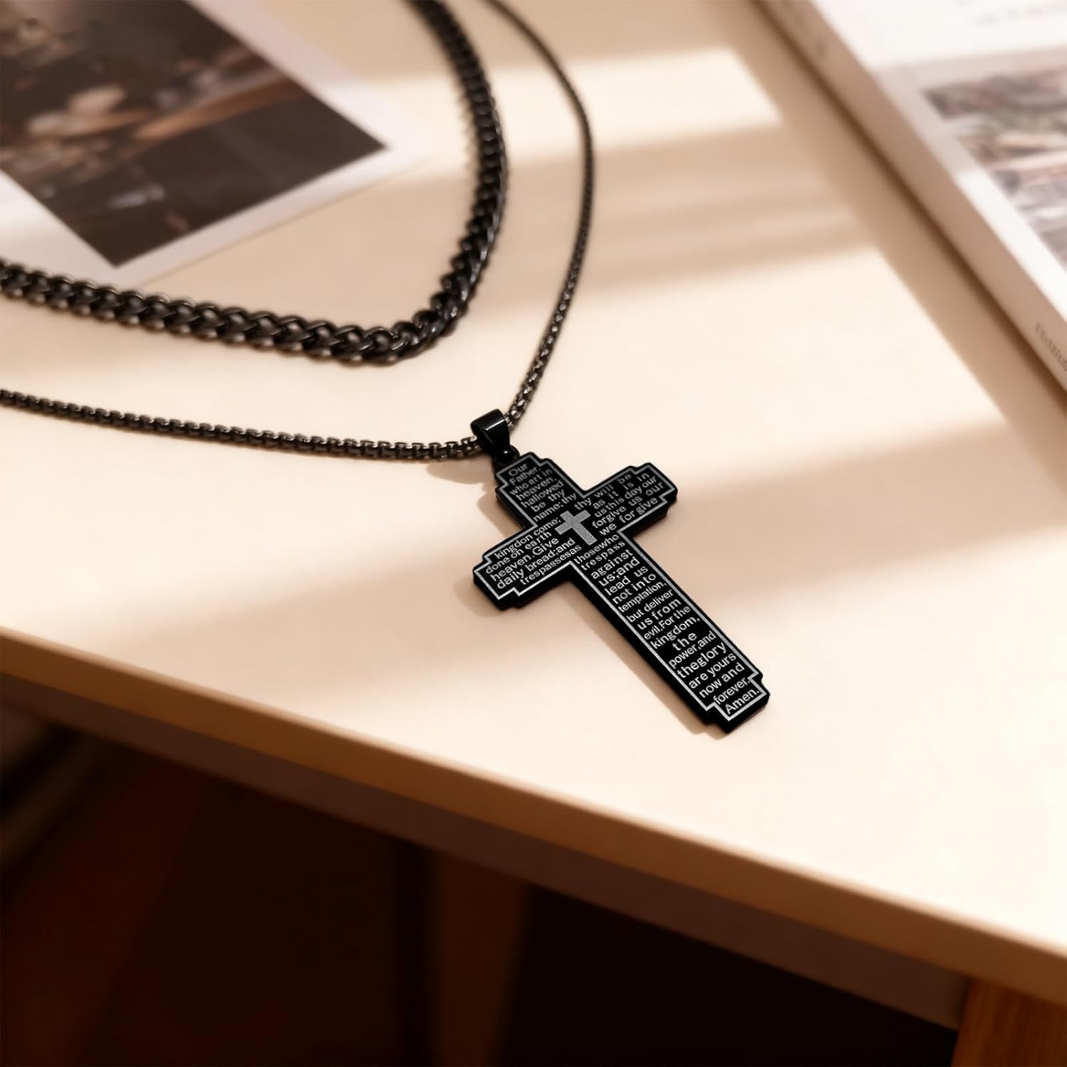 2 Pack Bible Verse Cross Necklace for Men, Stainless Steel Double Chain Christian Pendant, Engraved with The Lord's Prayer Matthew 6:9-13, Religious Gifts for Men - Image 4