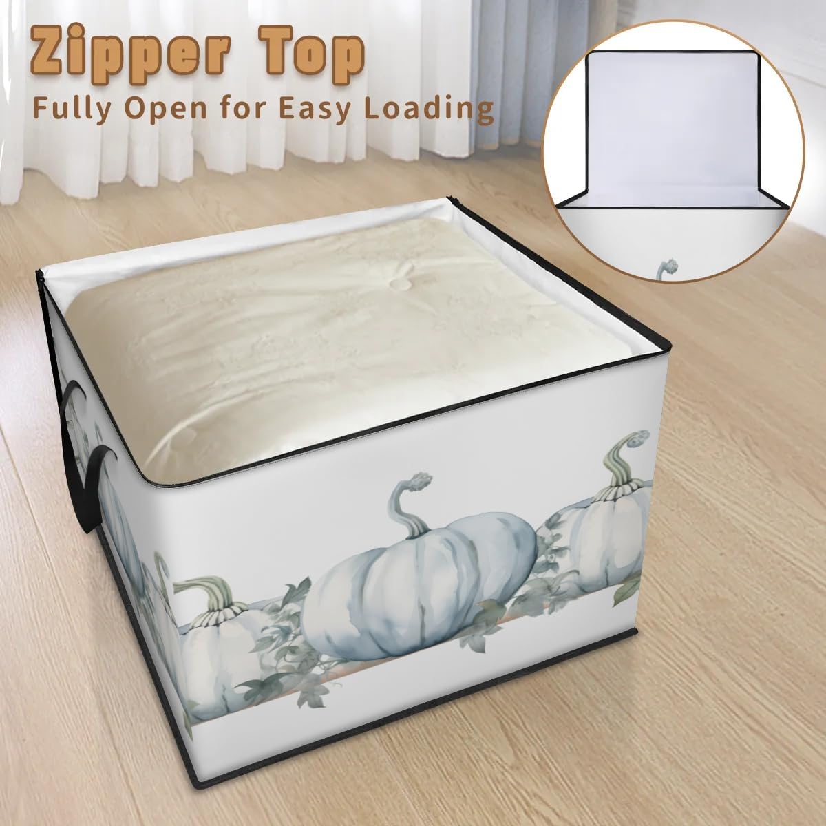 Honeybaby 214L Extra Large Comforter Storage Bag Pumpkin Leaf Storage Totes with Lids Waterproof Closet Organizer Folding Blanket Storage Bags for Clothes Bedding Pillows