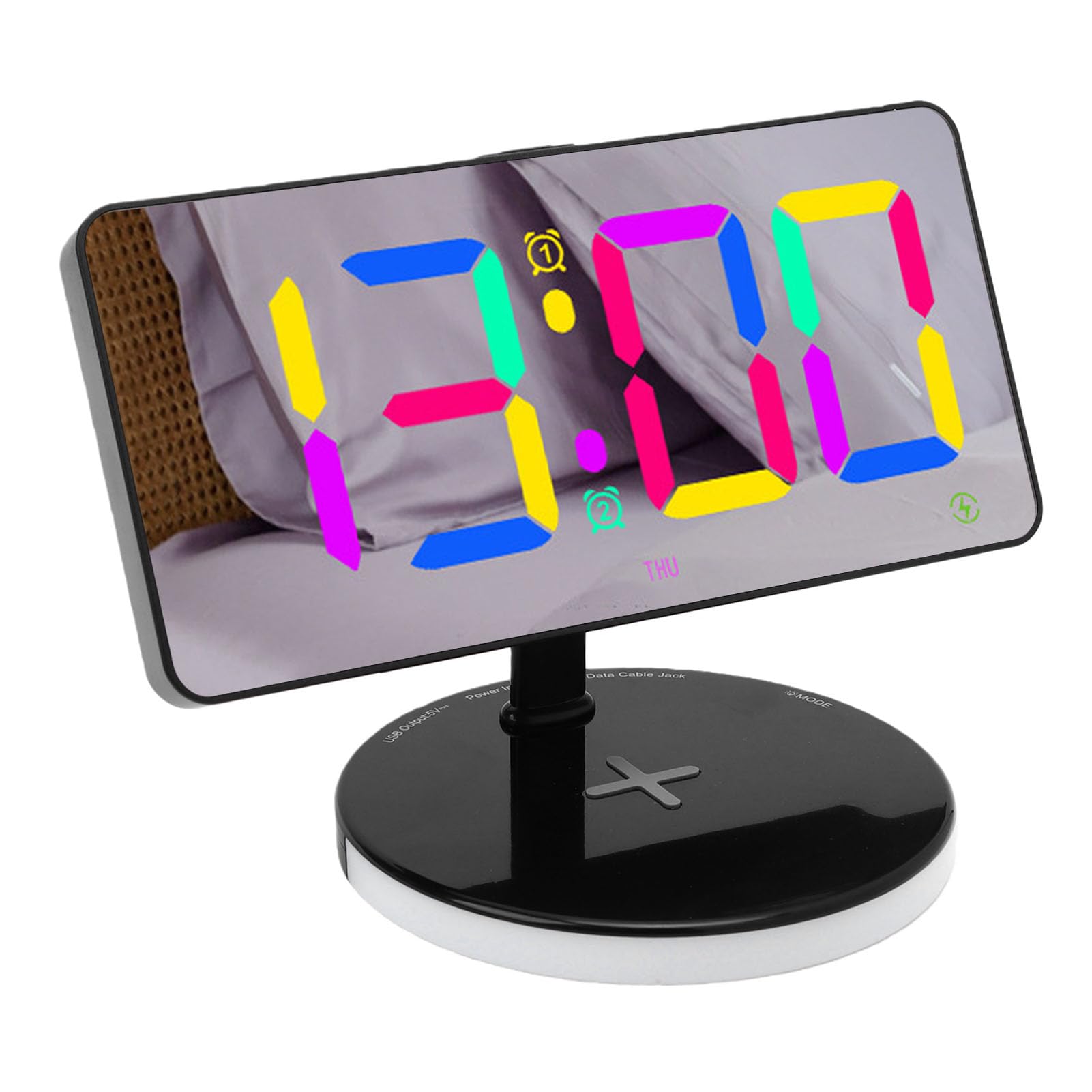 SENECESLI Despertadores Digitales con Pantalla Grande, Espejo LED, Reloj con Cargador Inalámbrico, Luz Nocturna RGB, Repetición para Dormitorio, para Personas Que Duermen Mucho, Adultos, (Black)
