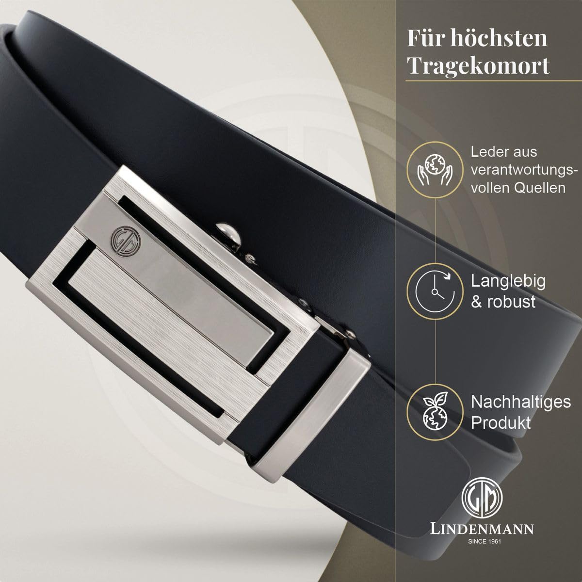 LINDENMANN Gürtel Herren – Schwarzes Rindsleder Automatikschließe