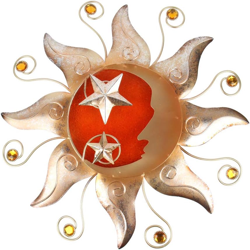 HONGLAND Metal Sun Moon Wall Decor Outdoor Celestial Art Sculpture Indoor Glass Decorations for Home Living Room Bedroom