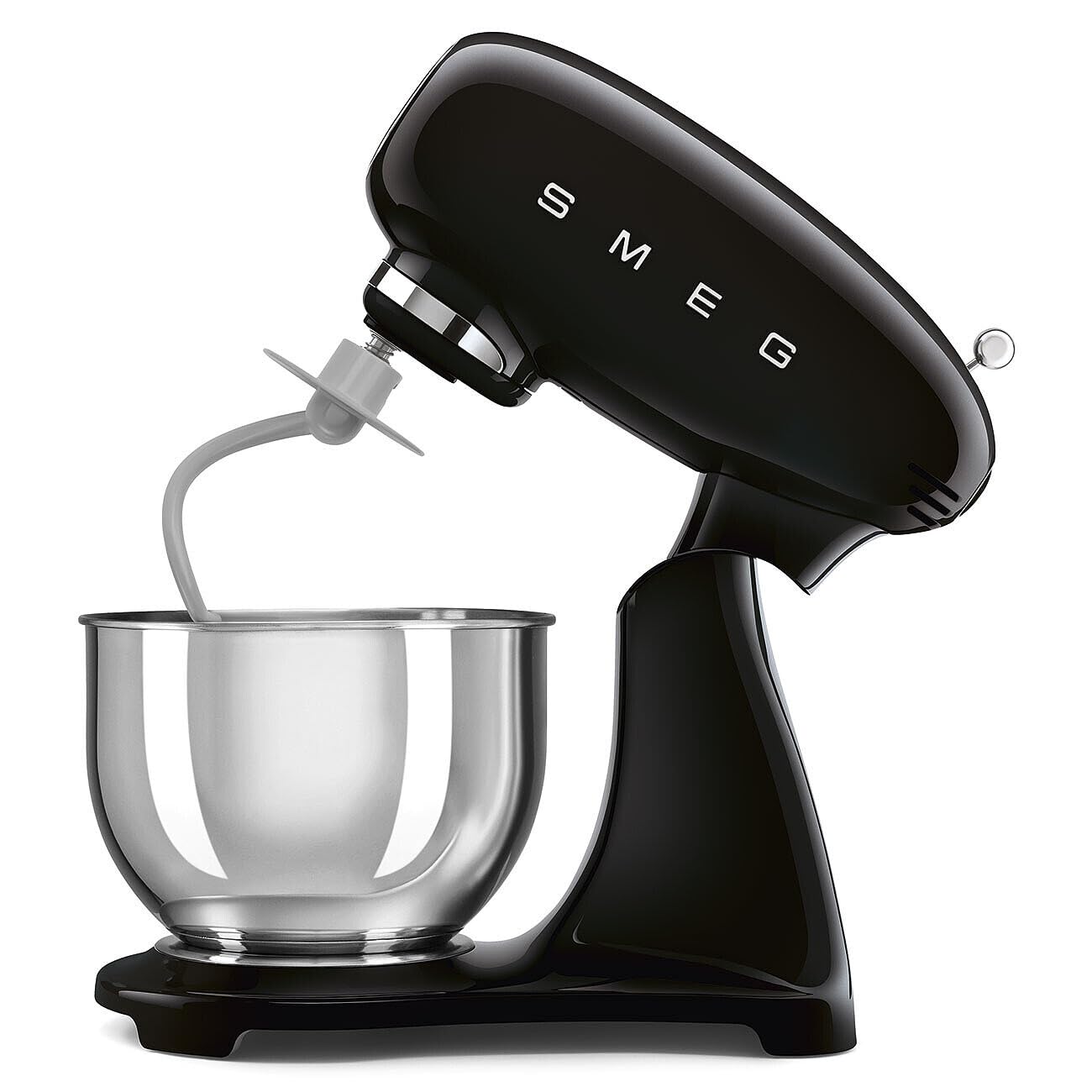 SMEG SMF05 Forte Stand Mixer in black with the dough hook attachment in the stainless steel bowl.