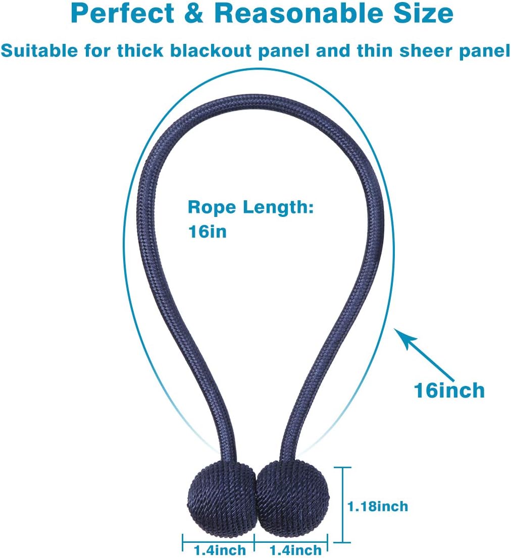 Curtain Tiebacks Magnetic, Drape Holders Holdbacks Decorative Weave Rope Clips Window Sheer Blackout Panels Home Office, Navy (Pack of 6)