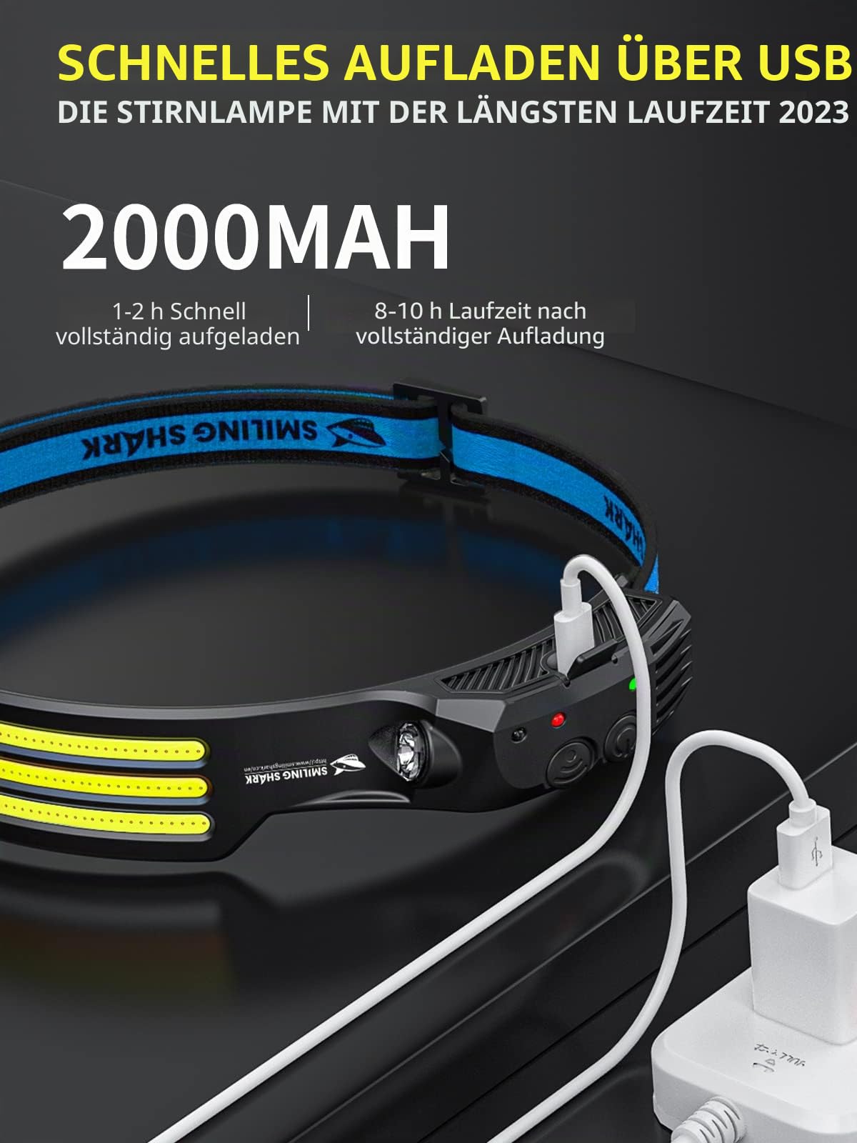 Smiling Shark Stirnlampe, 230°Wide Angle 3*LED Weiß Licht Streifen die Hellste Headlight Wiederaufladbar mit Wasserdichte Kopflampe Camping Joggen Angeln, Stirnlampe-LED-Headlight-Camping-Kopflampe