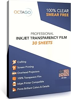 Octago Inkjet Transparency Paper (100% Clear) Transparency Sheets for Inkjet Printers, Color Inkjet Transparency Film, Acetate Sheets for Crafts, Premium Print, Clear Paper A4-30 Sheets