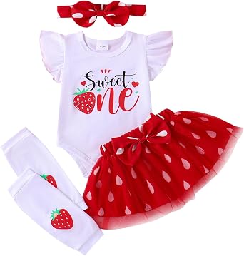 Baby Girl Birthday Outfits Strawberry Sweet One Letter Print Romper Bodysuit+ Bowknot Tulle Skirts Dress Clothes