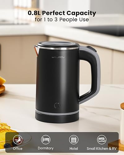 Miniatura 5 de Hervidor Eléctrico Pequeño, 0.8L Hervidor de Viaje Portátil de Doble Pared con Acero Inoxidable 304, Mini Hervidor de Agua Caliente de 600W con