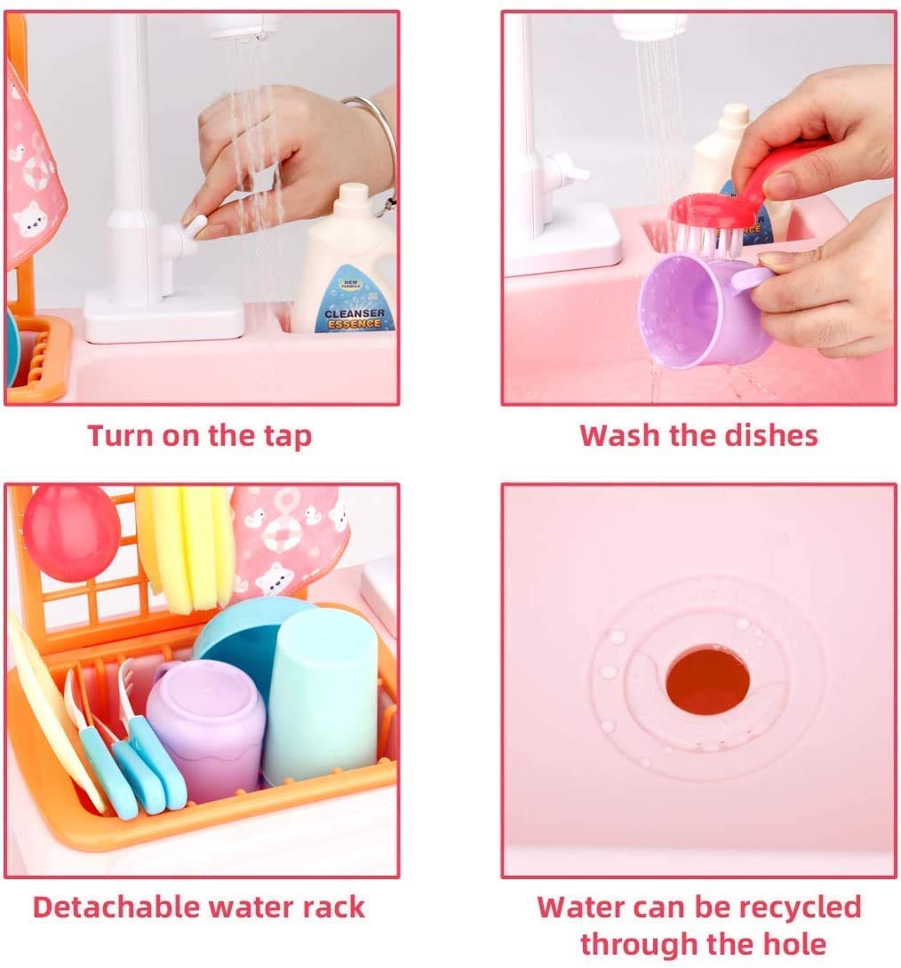 Cojuz Kitchen Sink Play Set with Automatic Water Cycle System Pretend Electric Dishwasher with Running Water Kitchen Sink Toys with Accessories for Kids (Kitchn Sink) 4
