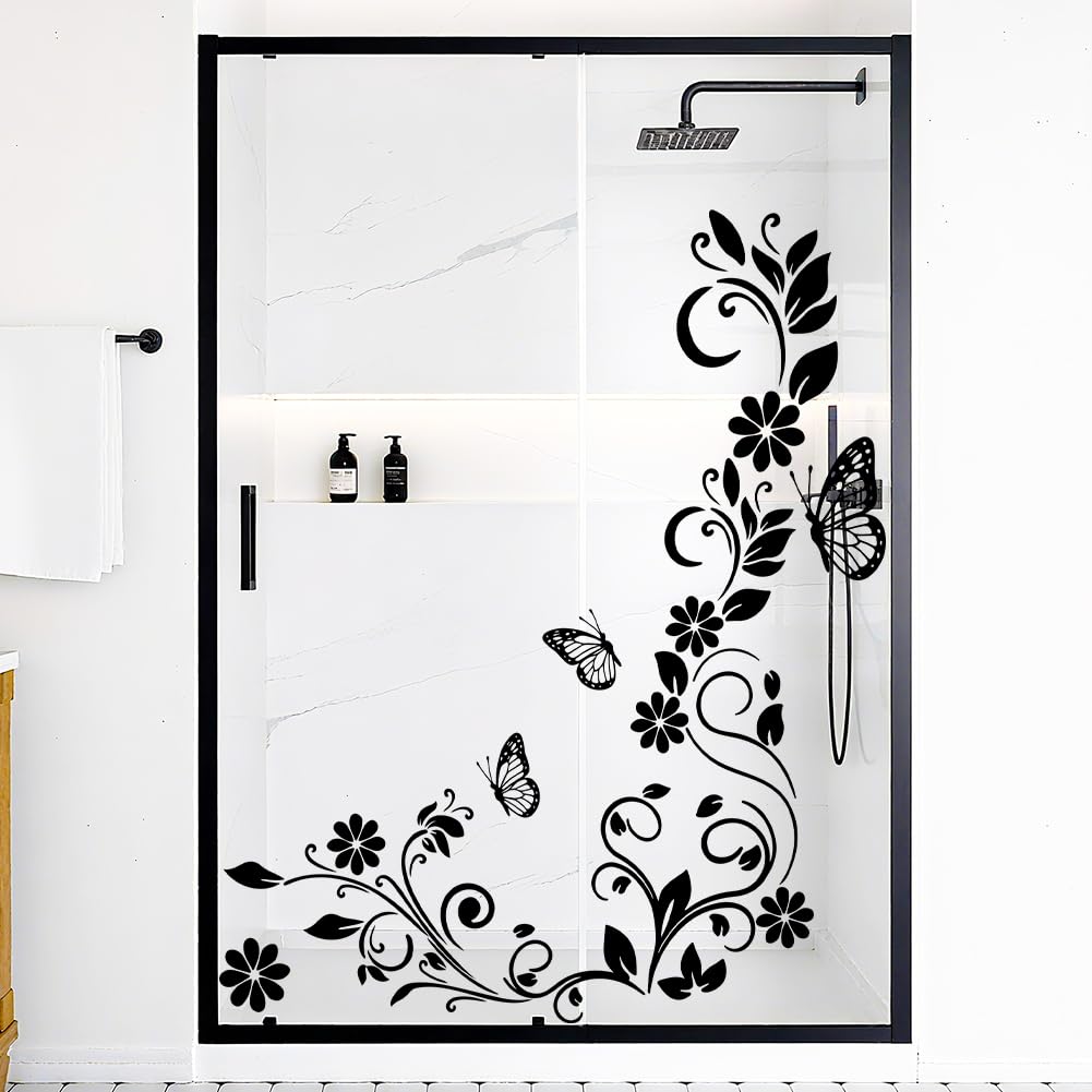 beinkmake 2pcs Black Flower Vine Wall Sticker DIY Floral Butterfly Wall Decal for Bathroom Living Room Decor Removable 13.3x35.4inch