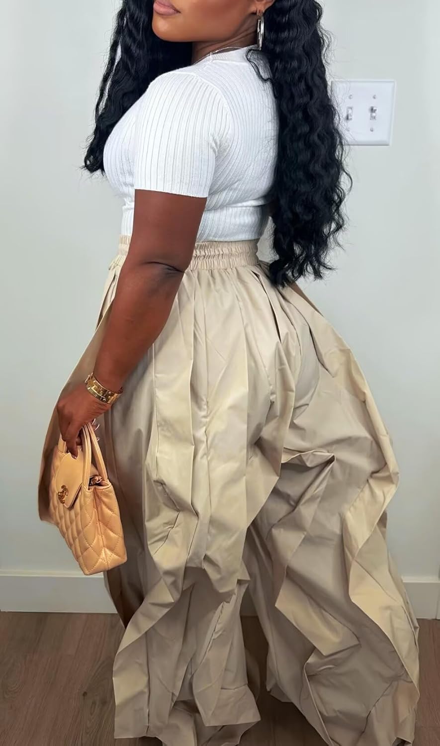 LROSEY Women Baggy Ruffle Wide Leg Pants Trendy Casual Y2k Drawstring Cargo Joggers with Pockets