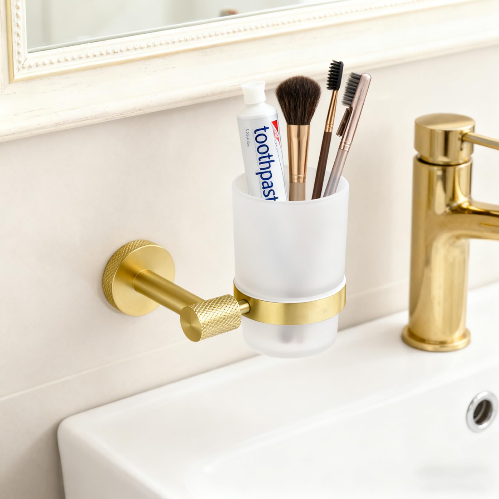 Brushed Gold,Portaspazzolino da Denti, Portaspazzolino da Denti A Parete con Bicchiere in Vetro Smerigliato, Portabicchiere in Acciaio Inossidabile 304 per Accessori Decorativi per Il Bagno