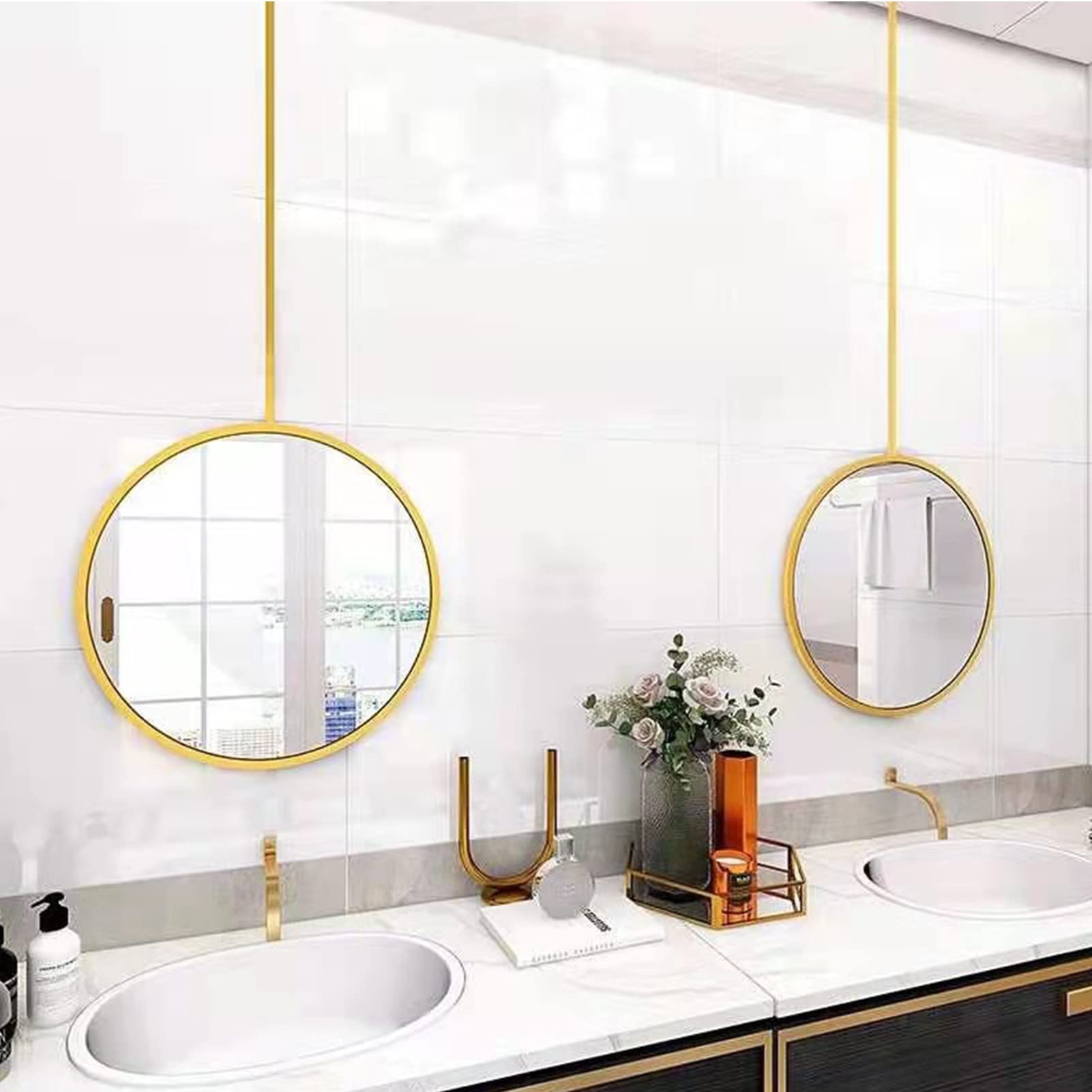 Okrągłe lustro wiszące do łazienki Toalety hotelowe Hangingceiling Boom Rod Mirror Sypialnia Vanity Lusterko do makijażu Montowane na ścianie - 40 cm 50 cm 60 cm 70 cm Złoto Konfigurowalny (