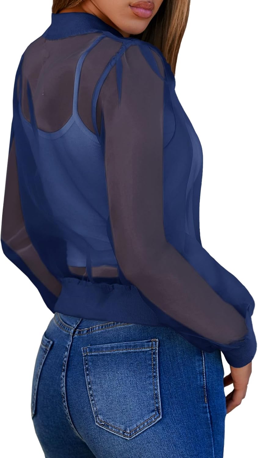 Fisoew Women's Crop Mesh Sheer Bomber Jackets Lightweight Long Sleeve Zip Up Jacket Outwear - Image 4