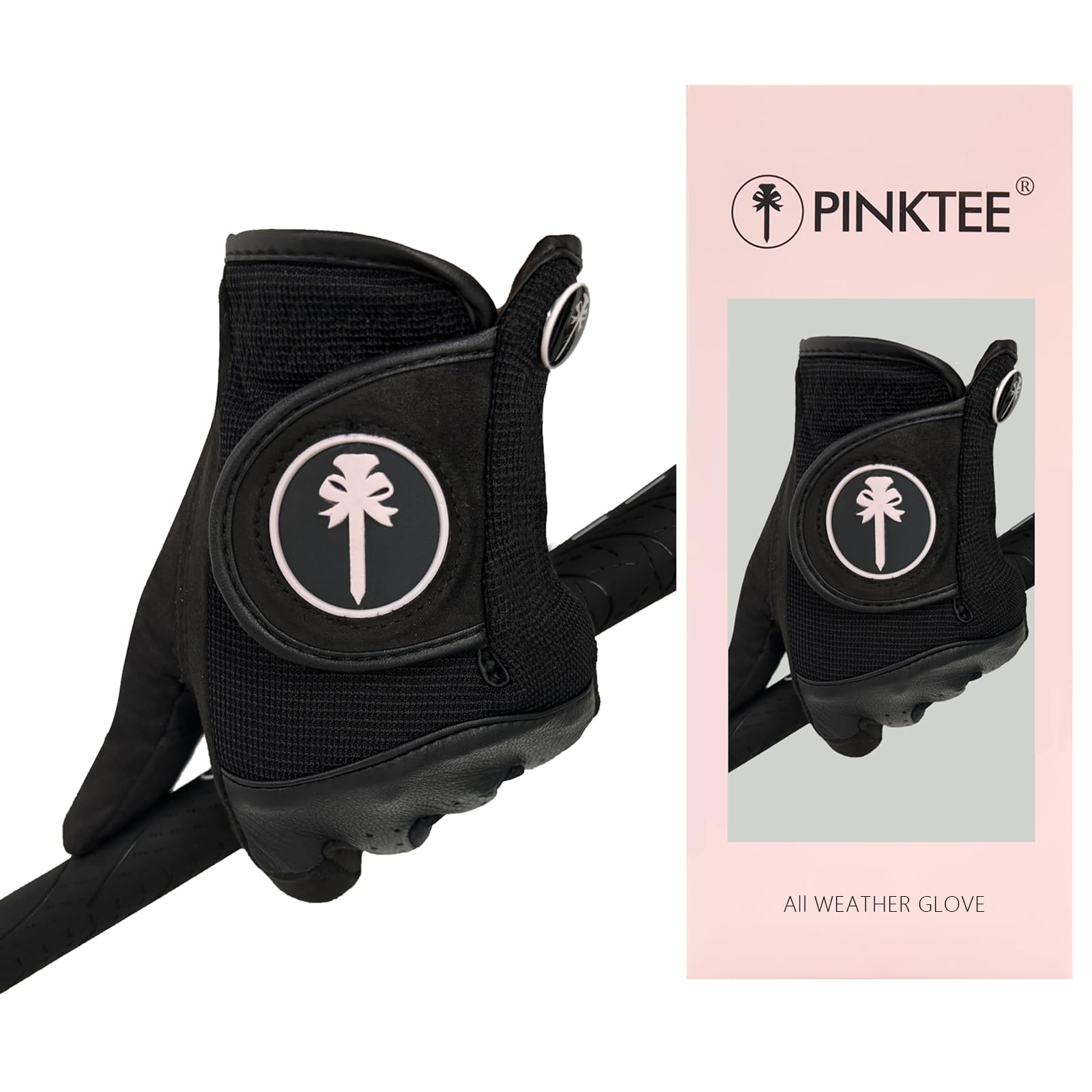 CROWNBLANKS PINKTEE Women's RainGrip Golf Glove Left Hand All Weather Ladies Soft Golf Gloves with Marker for Hot Wet Weather (Blackpink, Small)