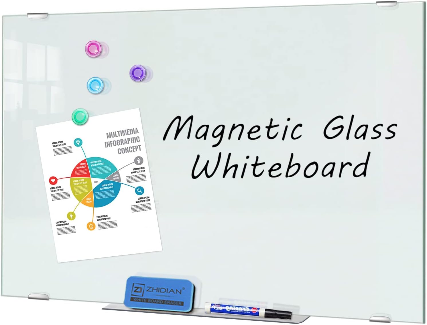 ZHIDIANGlass Dry Erase Board, Magnetic Tempered Whiteboard for Wall, 3 x 2 Feet - 4 Markers, 1 Eraser, 4 Magnets