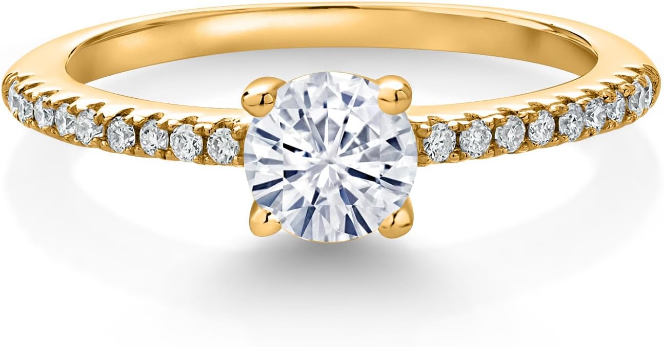 Gem Stone King 18K Yellow Gold Plated Silver Build your Own Personalized 5mm Round Cut Gemstone Birthstone and White Lab Grown Diamond Engagement Wedding Anniversary Ring For Women