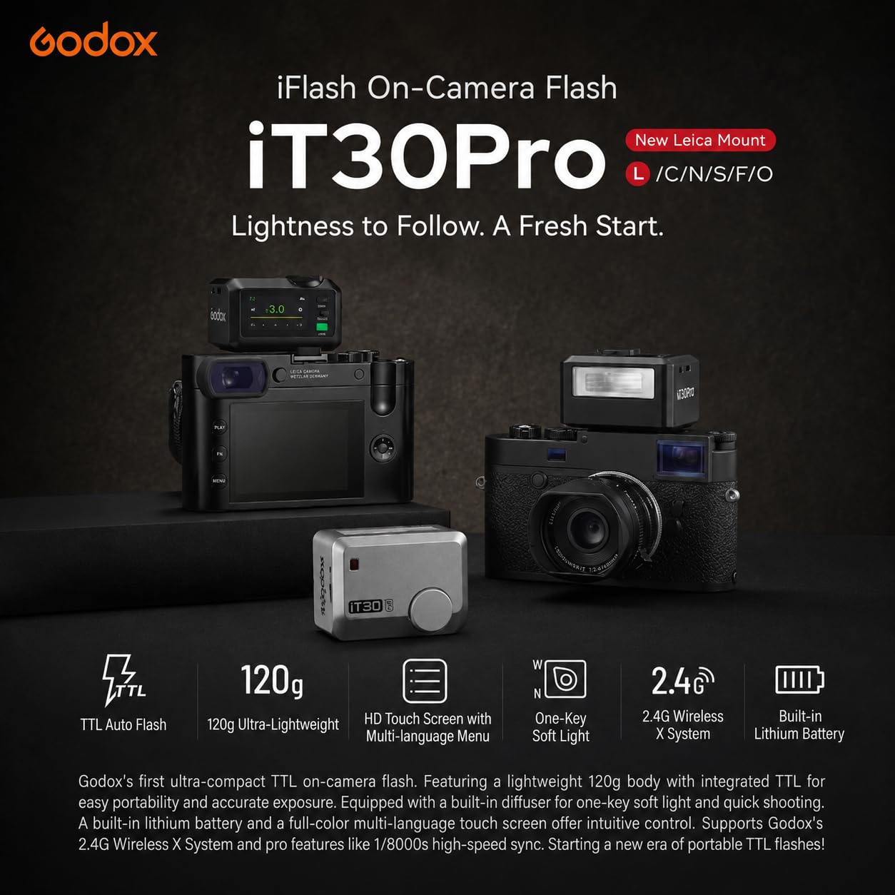 Godox iT30 Pro Flash Mini TTL per Fotocamere Leica, Wireless 2.4G HSS 1/8000s Touchscreen, Ricaricabile Nero