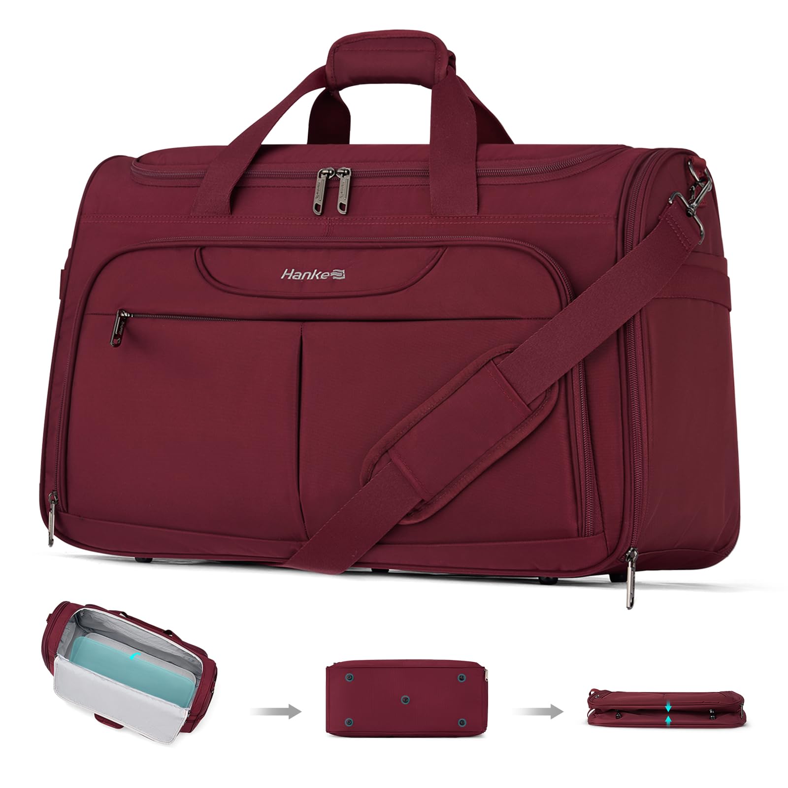 Hanke 36.5L Faltbare Reisetasche Leichte wasserdichte Handgepäck Tasche Sporttasche Damen Carry on Luggage Cabin Bag Gym Bag Travel Bag für Herren Damen, Burgund