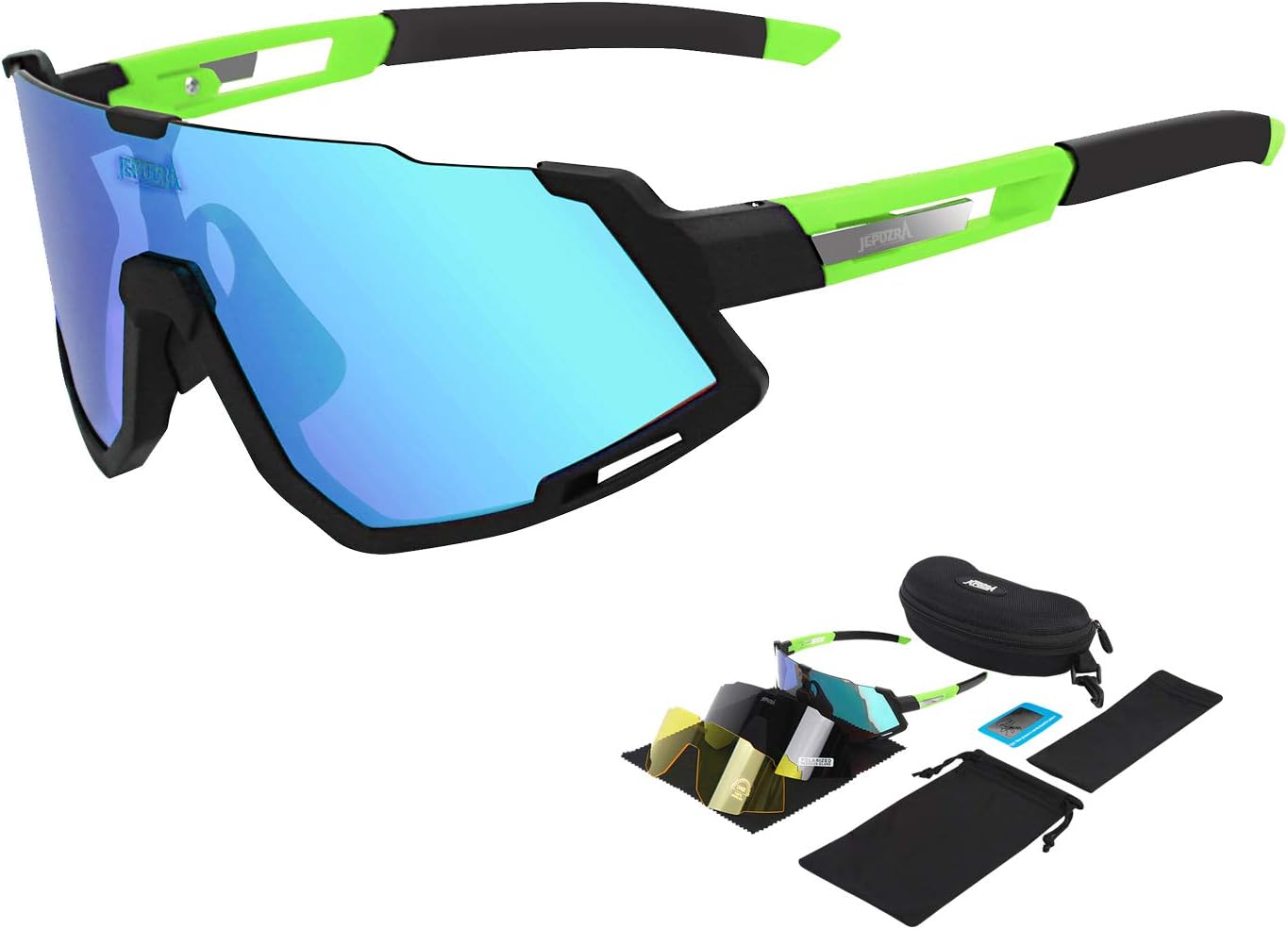 TOPTETN Polarized Sports Sunglasses with 3 Interchangeable Lenses UV400 Protection Cycling Glasses Interchangeable Lenses for Cycling, Skiing, Running (Black green)