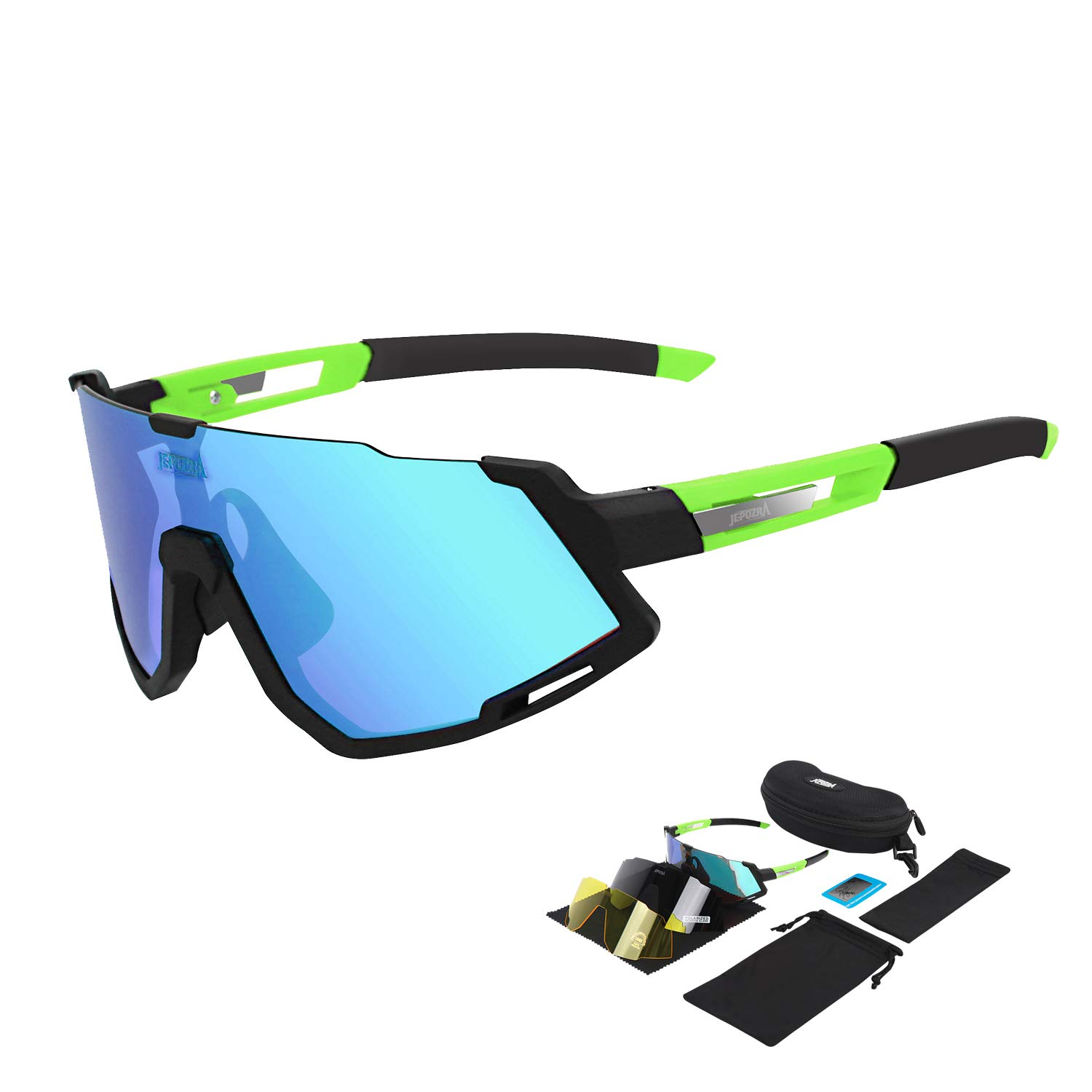 TOPTETN Polarized Sports Sunglasses with 3 Interchangeable Lenses UV400 Protection Cycling Glasses Interchangeable Lenses for Cycling, Skiing, Running (Black green)