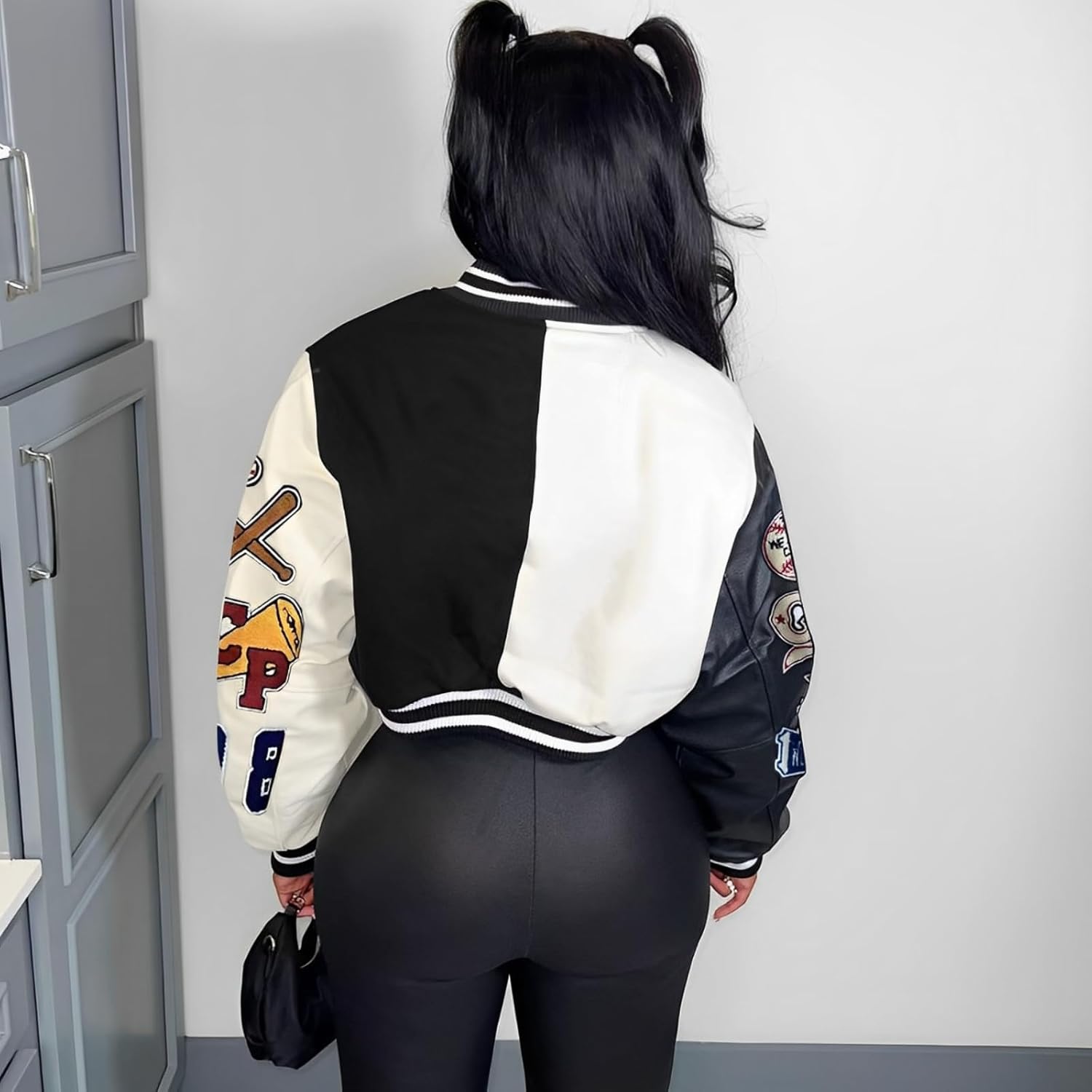 Glitrandi Varsity Jacket Women with Patches Print Cropped Bomber Leather Jacket Women 2025 S-XXL - Image 3