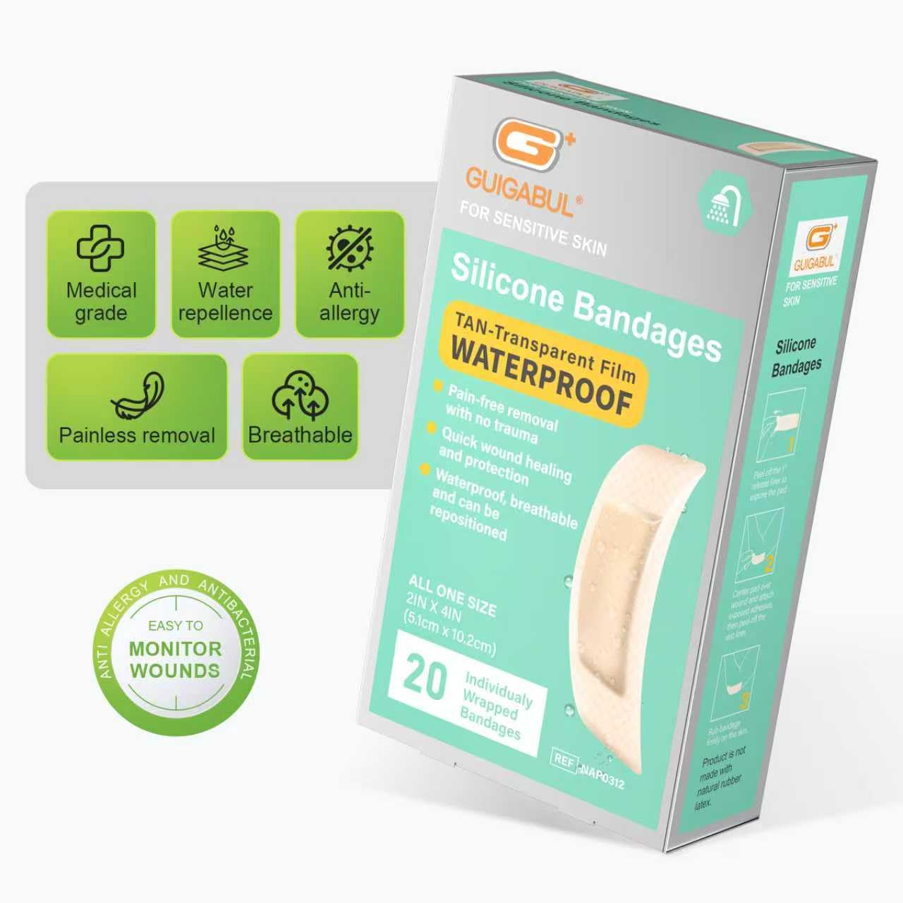 Wasserdichte Silikonbandagen für empfindliche Haut, 5,1 x 10,2 cm, 20 Stück | Schmerzfreie Entfernung, latexfrei, hypoallergen, atmungsaktiv, extra große Klebebandagen für die Wundpflege