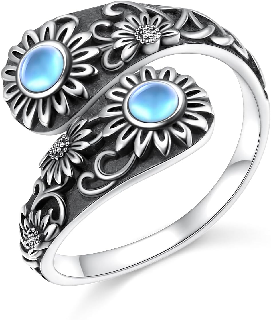 925 Sterling Silver Hummingbird/Sunflower Turquoise/Moonstone/Lily of the Valley Flower Spoon Ring Adjustable Open Ring Statement Thumb Ring Jewelry for Women