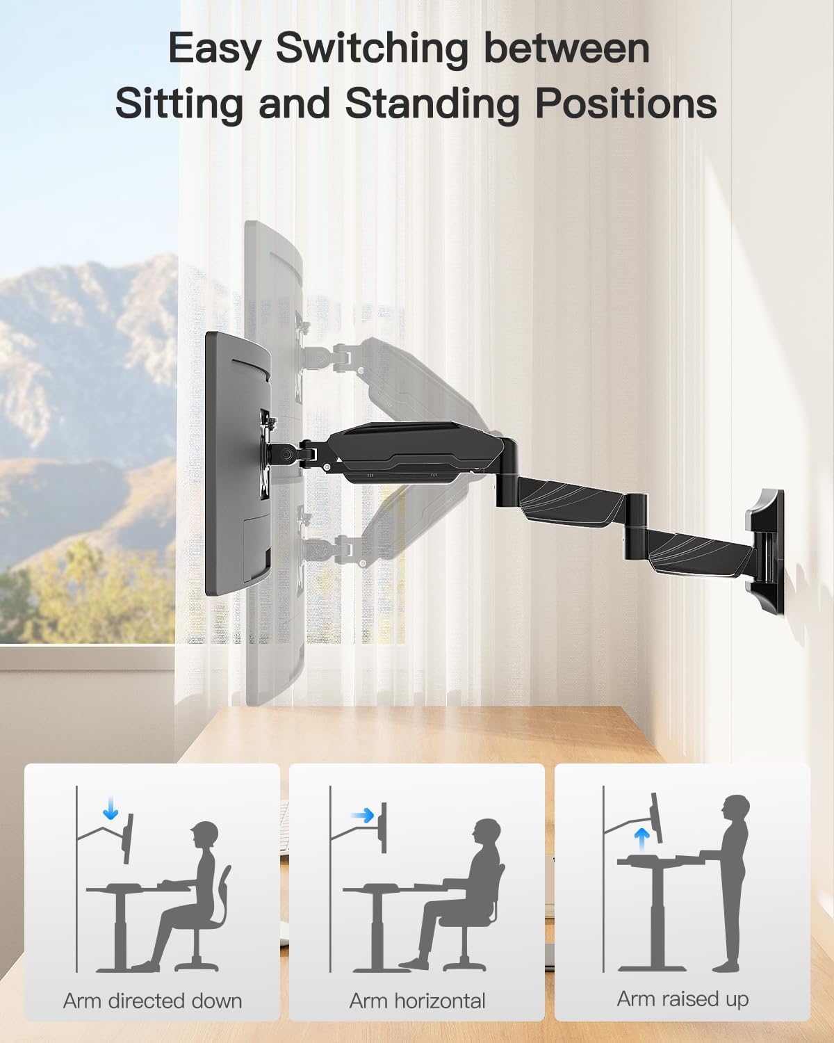 Long Arm Monitor Wall Mount for Max 32 inch Computer Screen, Extra Long Adjustable Single Wall Mount Monitor Arm, Full Motion Vesa Wall Bracket 100x100, Hold up to 17.6lbs, Black