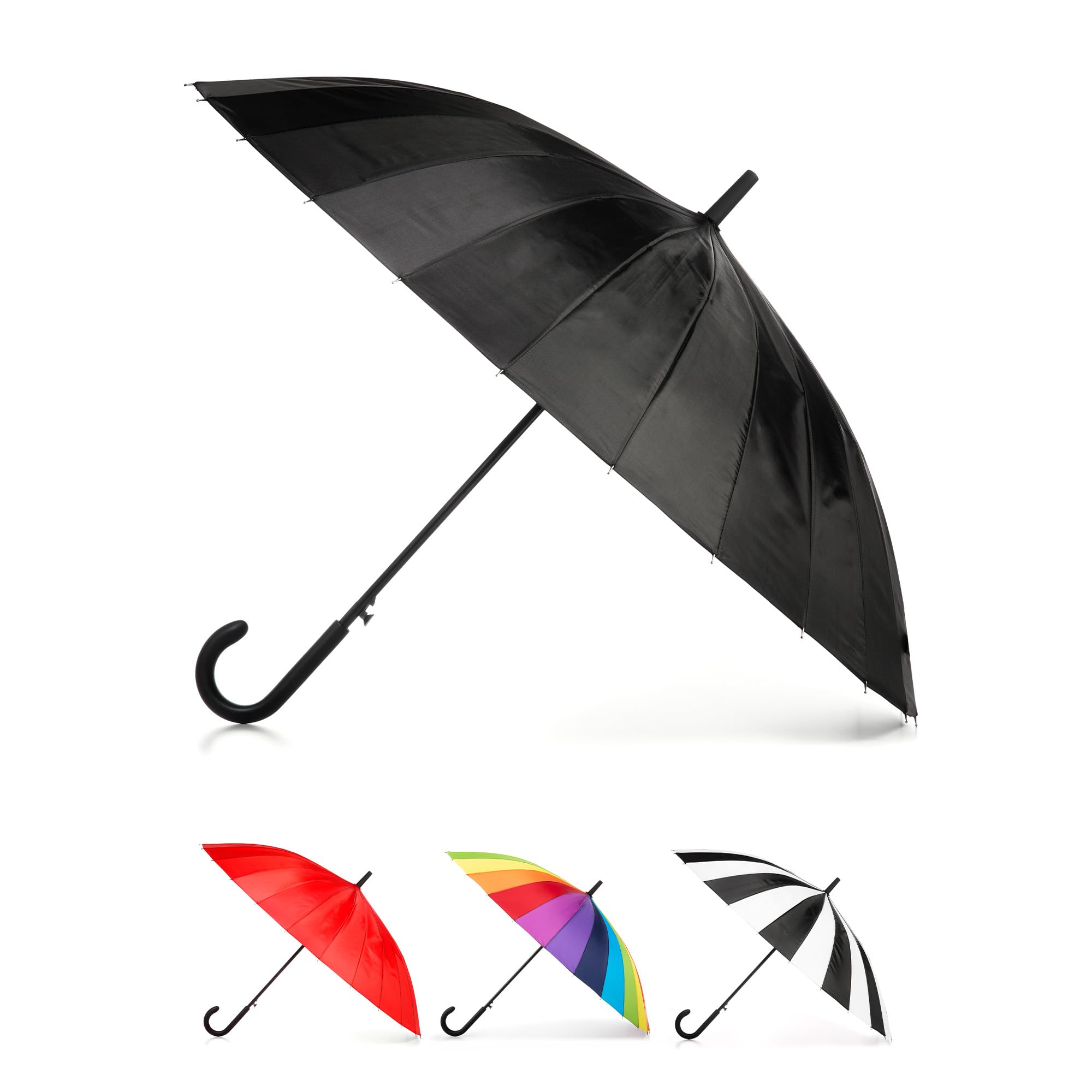 totes Large Eco Auto-Open 24 Rib Stick Umbrella with a Classic J Hook Curved Handle and water repellant