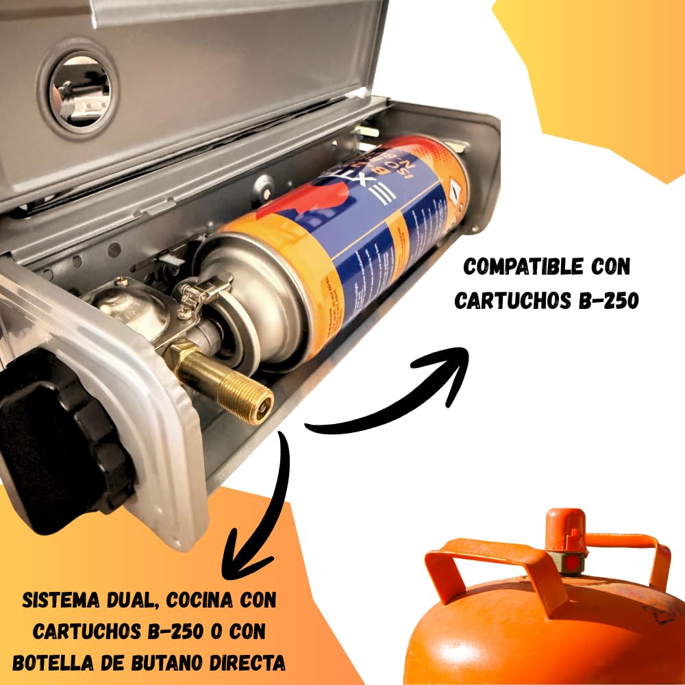 Cocina de Camping Gas Portátil DUAL – Compatible con Cartucho B250 y Botella de Butano – Hornillo Camping Potente, Seguro y Compacto para Exterior (COCINA DUAL + MANGUERA + REGULADOR GAS)