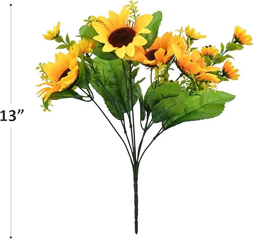Miniatura 2 de FULAWEIER Ramo de girasol artificial 4 racimos de girasol falso de seda flores amarillas sintéticas para interiores y exteriores maceta colgante