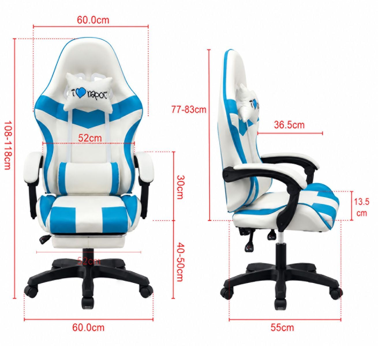 Sedia Gaming Ergonomica I Love Napoli Reclinabile con Cuscini Schienale 90°-135°, altezza regolabile, rotazione 360°, supporto lombare, poggiapiedi, cuscino collo, ruote, gaming e ufficio
