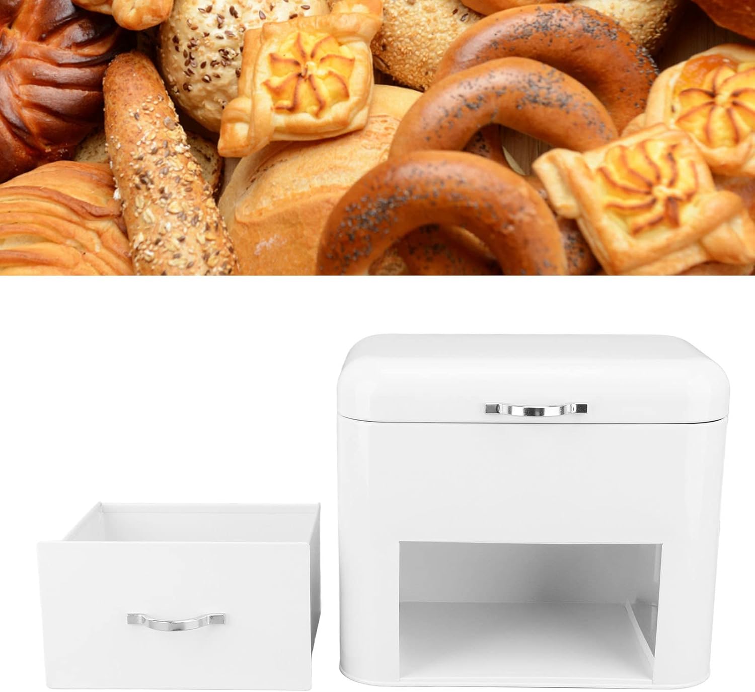 Asixxsix 2 Layer Metal Bread Box for Kitchen Countertop, Large Bread Container Bread Storage Container Metal Food Storage Bread Keeper Counter Organizer, Farmhouse Kitchen Decor (Milky White)