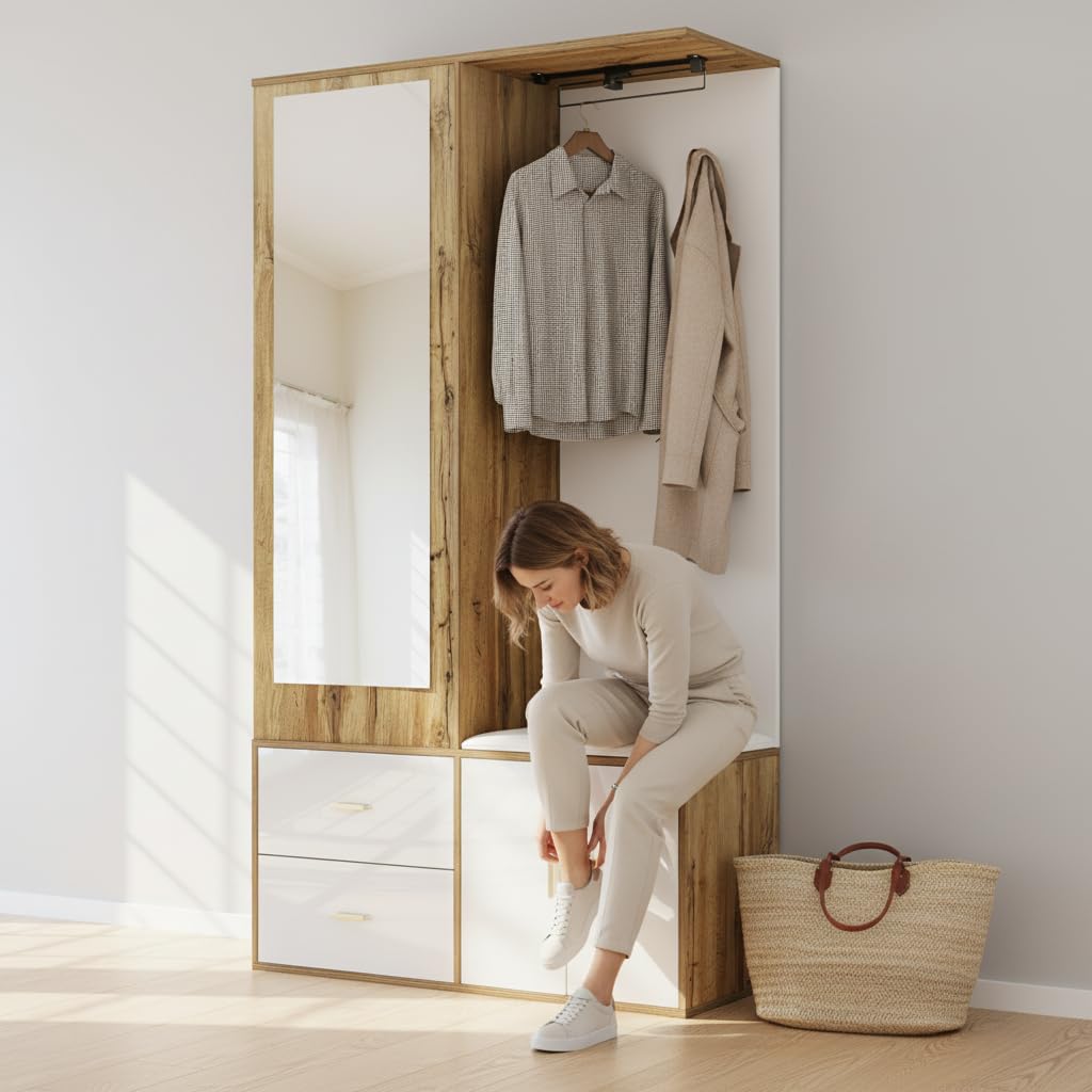Ensemble d'armoire de Couloir - Miroir, Banc à Chaussures et Tringle à vêtements Extensible - Ensemble Moderne et Peu encombrant - en Bois Blanc