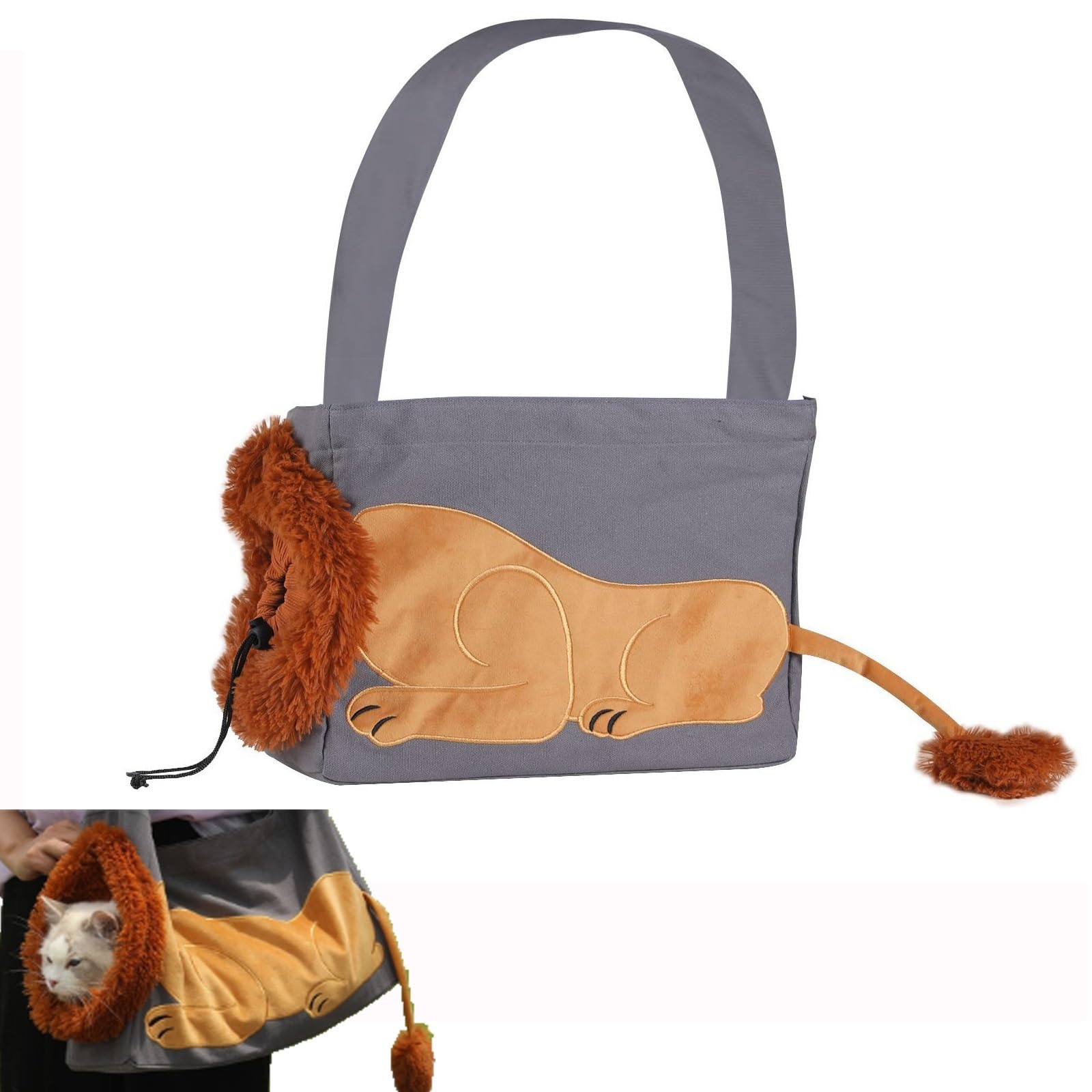 Pet Canvas Shoulder Bag, Small Dog Sling Carrier, Lion Shaped Cute Cat Carrier Portable, Wider shoulder straps, Breathable design, for Small Dogs and Cats Pet Supplies ( Color : Gray , Size : Large )