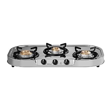 Sunflame Optra Gas Stove 3 Burners Steel Body with Curved Edges | 1 Jumbo, 1 Medium & 1 Small Brass Burners Gas Stove | 2-Years Product Coverage by Sunflame | Manual Ignition | PAN India Presence