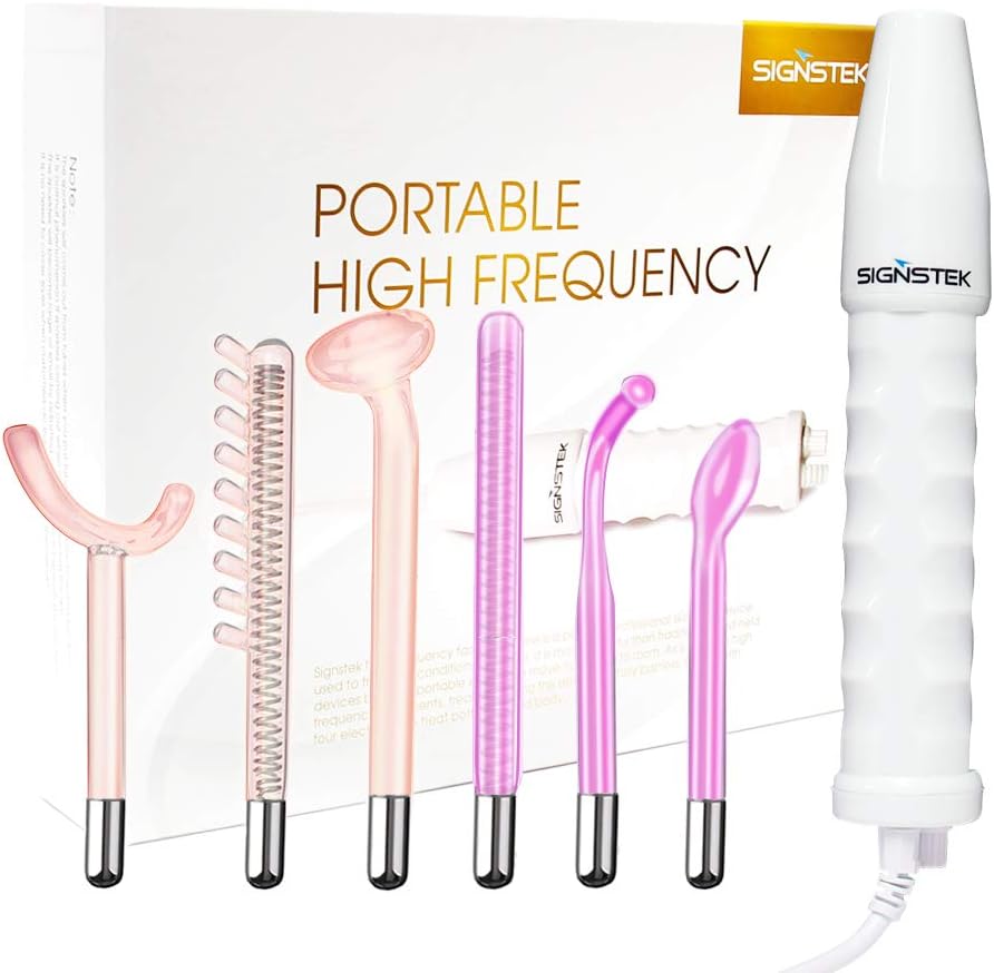 Signstek High Frequency Face & Body Massager: Acne Treatment, Skin Tightening & Wrinkle Reduction, 6pcs Electrodes, Pink, Metal, Facial Machine, Skincare Device