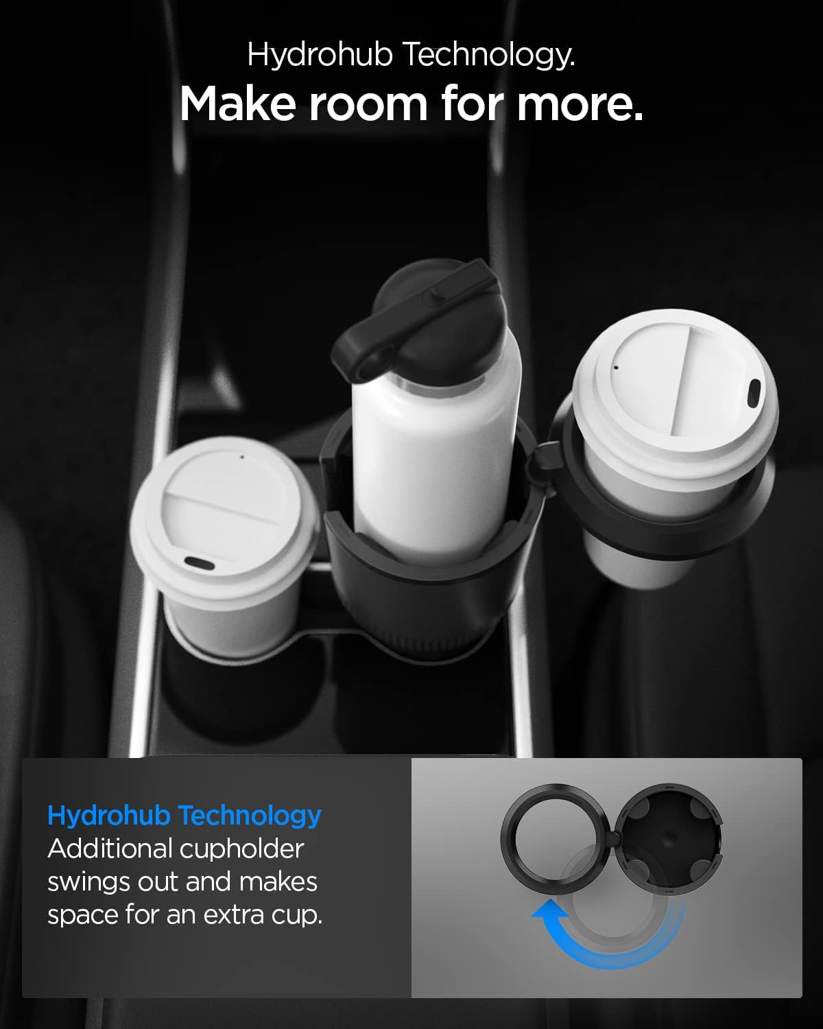 Spigen Hydrohub Adjustable Cup Holder Expander for New Tesla Model Y 2025 Refresh, Model 3/Y/S/X/Cybertruck, and More Compatible with Hydro Flask, Yeti, Nalgene, Large Bottle 32/40 oz Tumbler