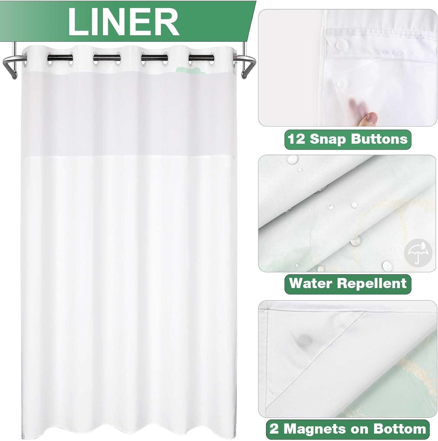 No Hook Shower Curtain with Snap in Liner Set, Abstract Green and Gold Marble Texture Shower Curtains for Bathroom Hotel Decor,Waterproof 71x74 Inch