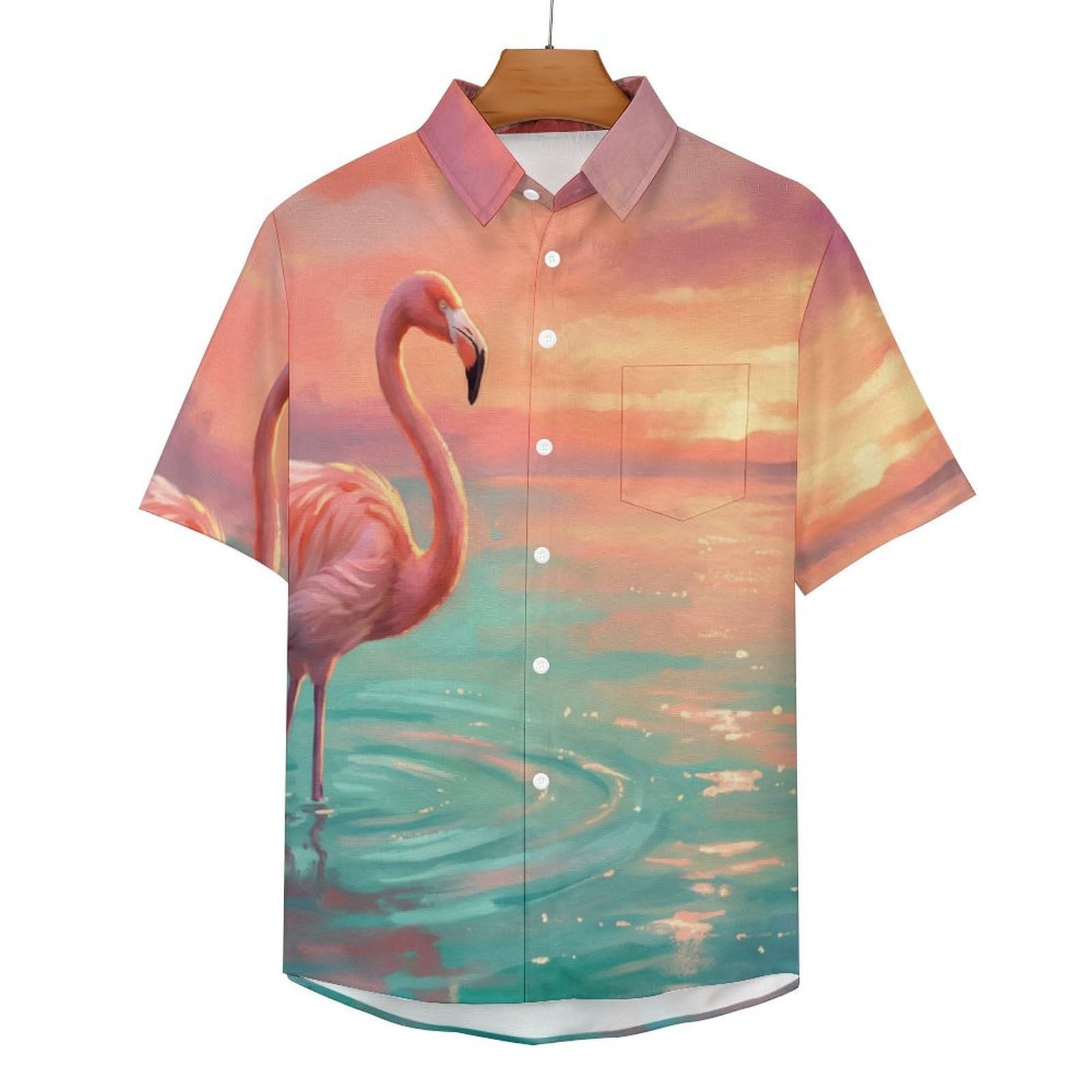 Camicie a Maniche Corte da Uomo - Camicie da Spiaggia con Stampa Fenicotteri Marini al Tramonto Retro, Funky Estiva Cool Camicia Hawaiana Monopetto Camicia S-5XL