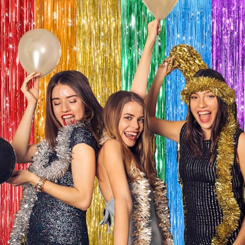 Image of 2Pack Rainbow Foil Fringe Curtains Backdrop Decorations, Rainbow Metallic Tinsel Foil Streamers Curtain Photo Booth Background for Birthday Wedding Engagement Bridal Shower Unicorn Party Decorations