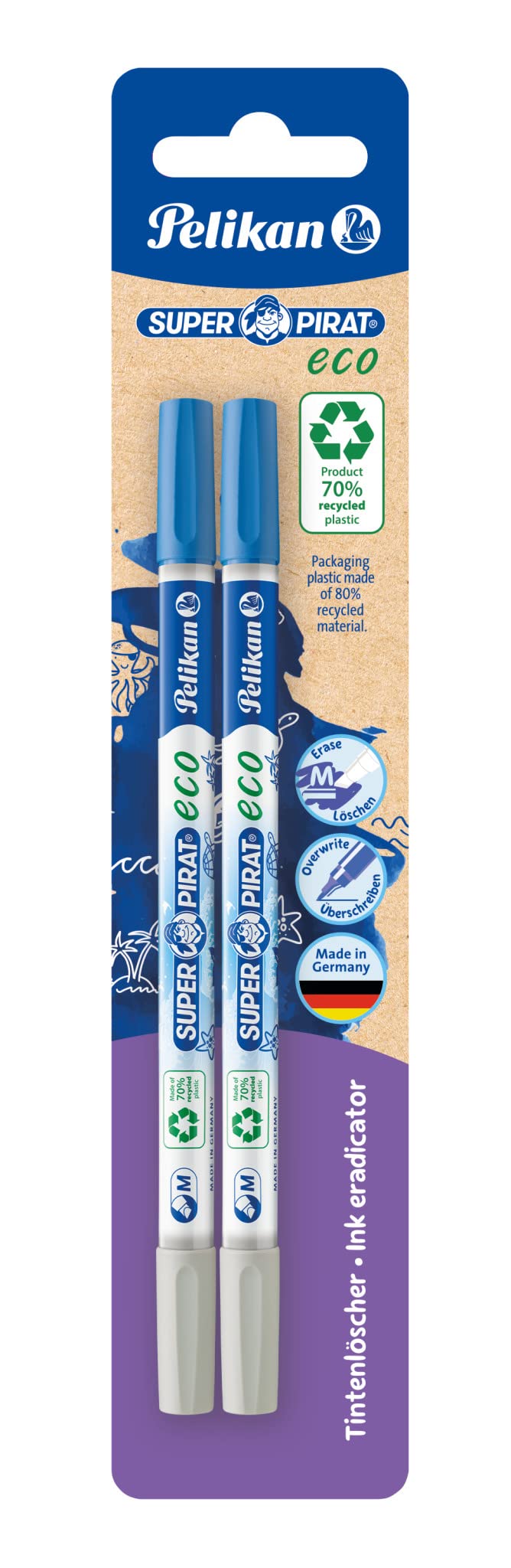Pelikan Super Pirate Eco Ink Eraser, ancho de línea M (multipunta), eliminador de tinta para borrar y sobrescribir, paquete de 2
