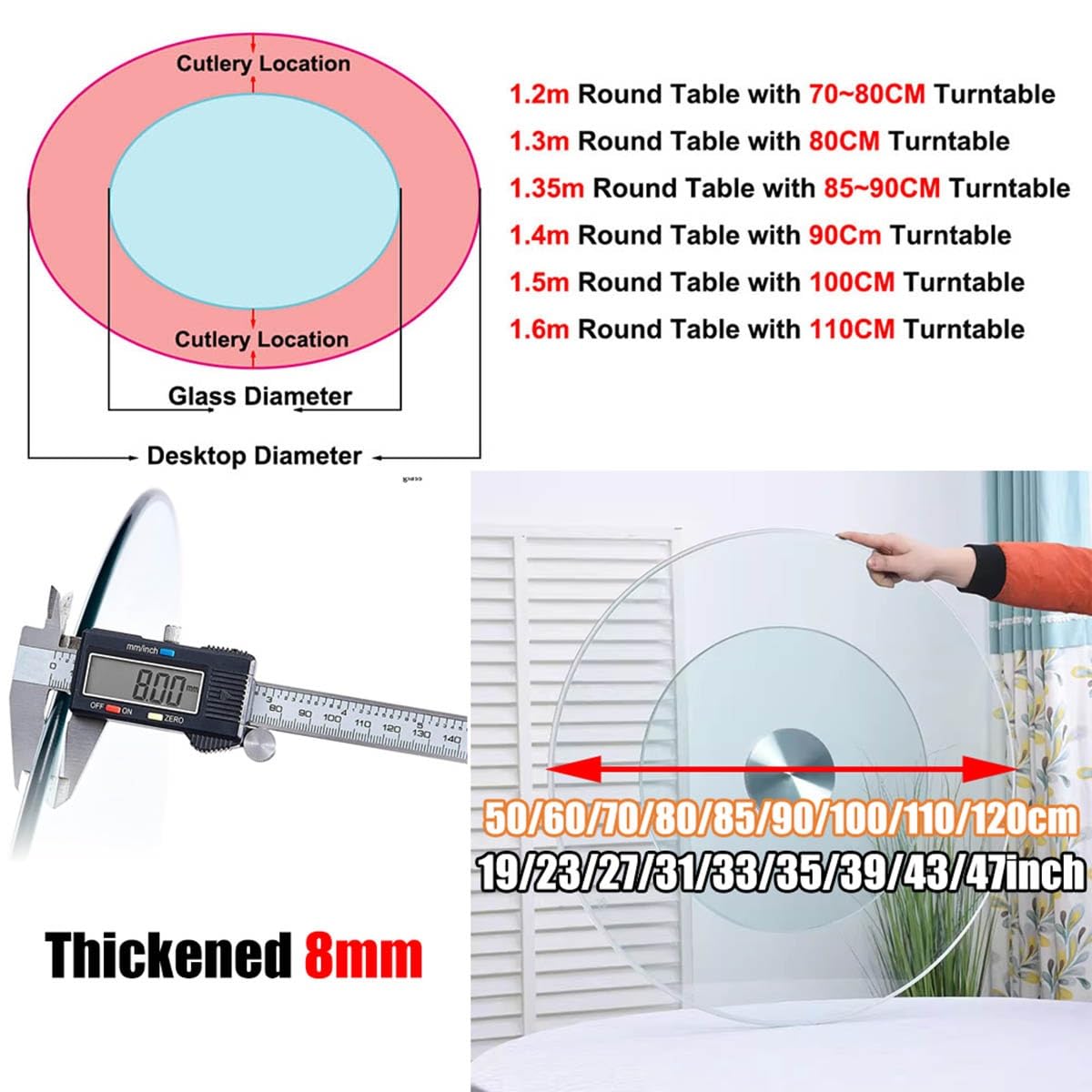 50-120cm Plateau Tournant Rond en Verre Transparent Lazy Susan Grand Plateau Tournant en Verre Transparent Plateau De Service, Plateau De Service Robuste avec Roulements Silencieux(50cm/19Inch)