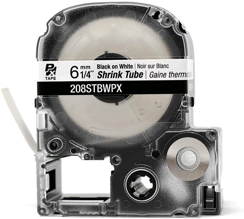 Epson LABELWORKS 208STBWPX Tape Cartridge - Black on White Shrink Tube Industrial Label Maker Tape - AWG 6-18, 1/4" (8MM) Wide, 8 ft (96")