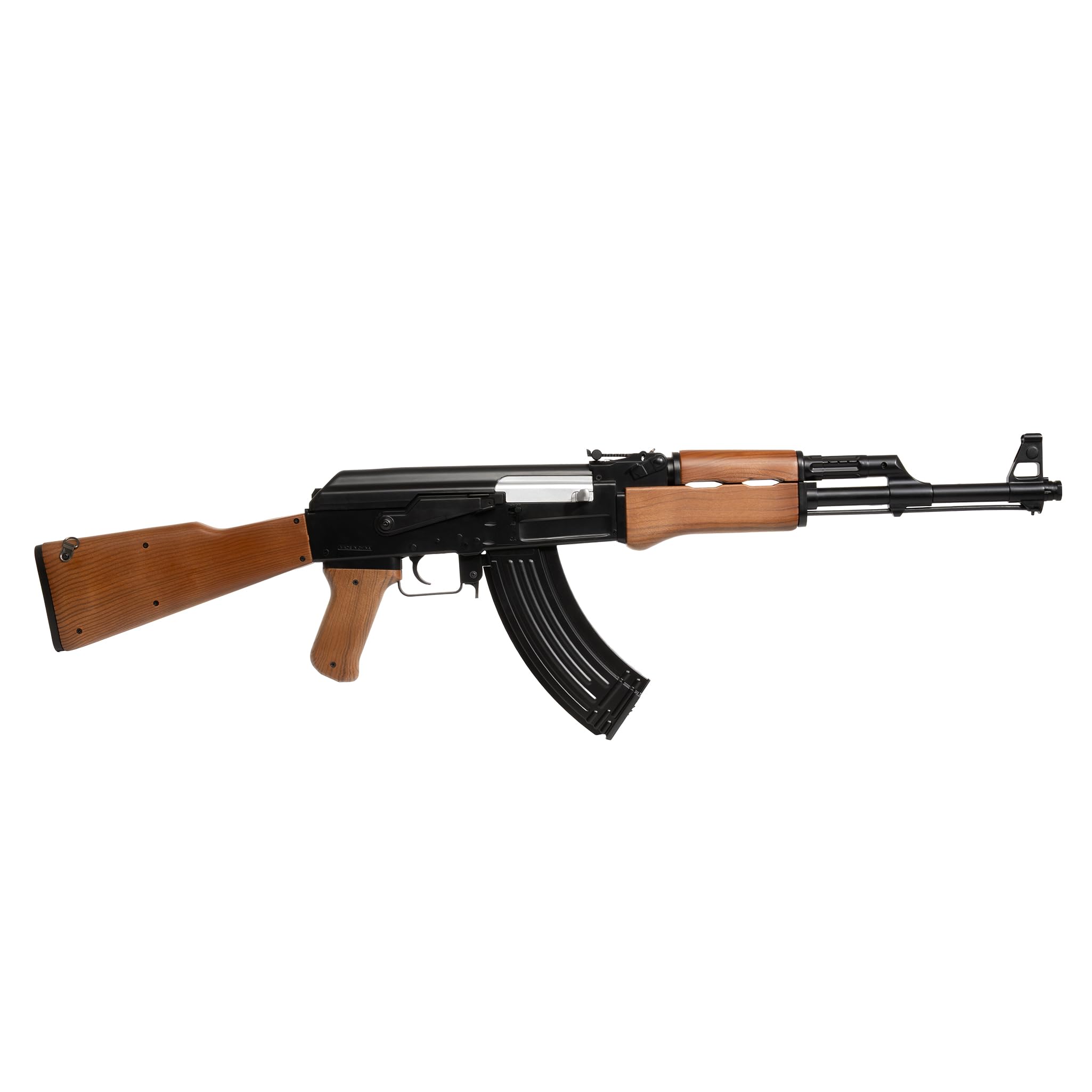 AK 47 softair elettrico, POTENZA 0,9 JOULE, raffica/singolo/sicura, caricatore 50 colpi, batteria Ni‑MH 7,2V + caricabatterie inclusi, 870mm 830g, 1000 pallini inclusi